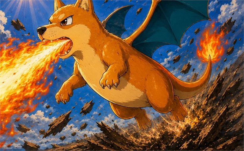 Inuzard in flight, breathing a jet of fire
