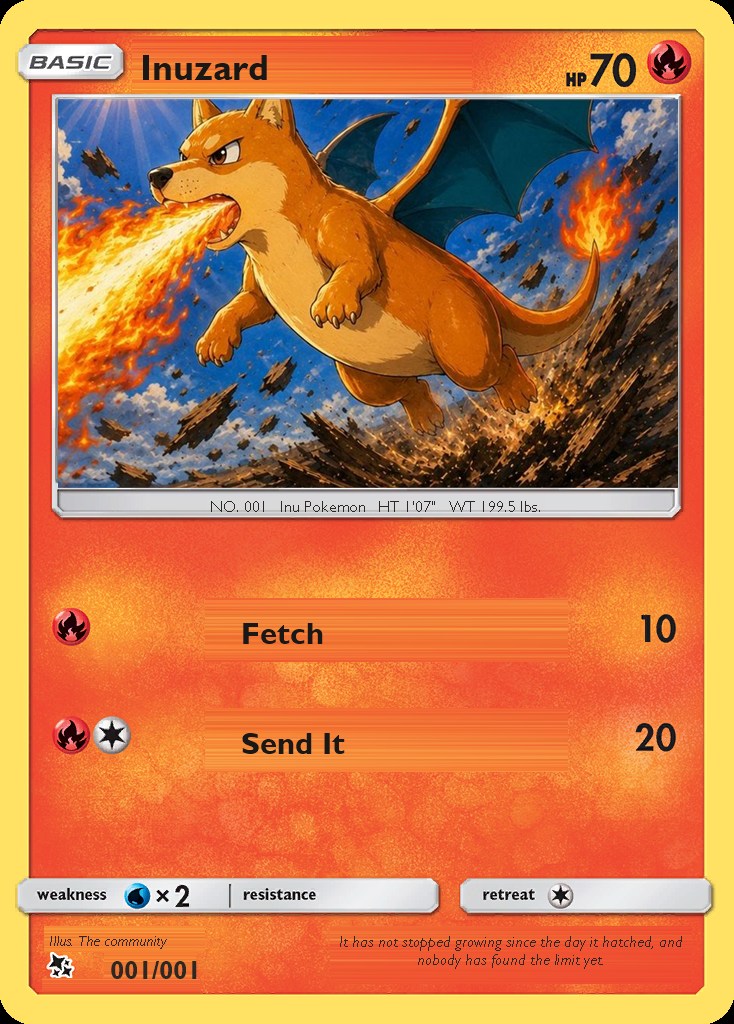 The common Inuzard card: Basic, 70 HP, Fetch and Send It